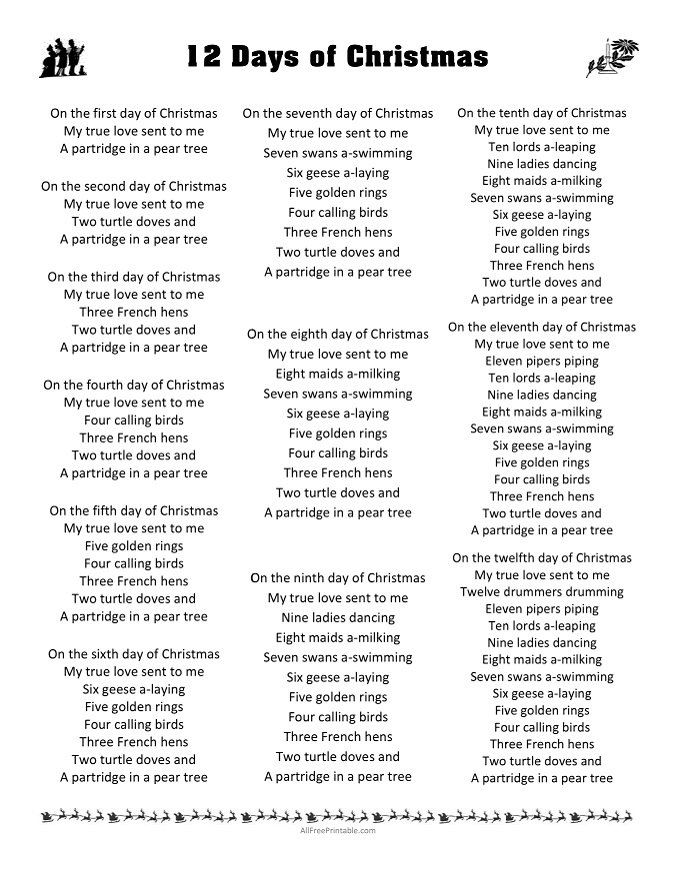 12 Days Of Christmas Lyrics Free Printable