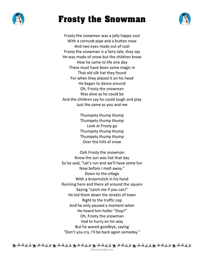 Free Printable Frosty The Snowman Lyrics