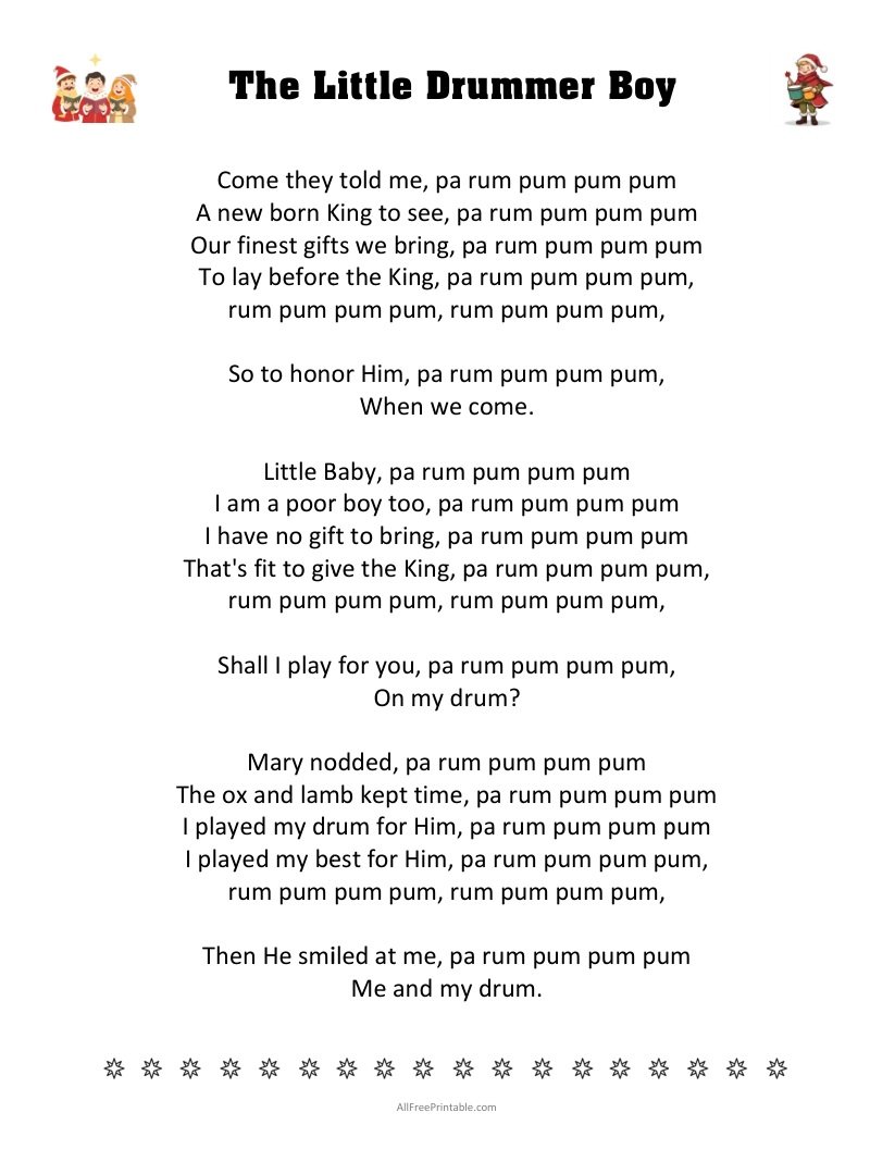 Free Printable The Little Drummer Boy Lyrics