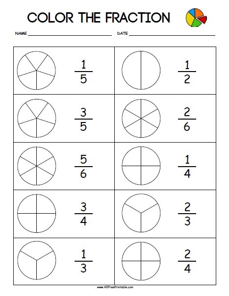 Free Printable Color the Fraction Worksheets