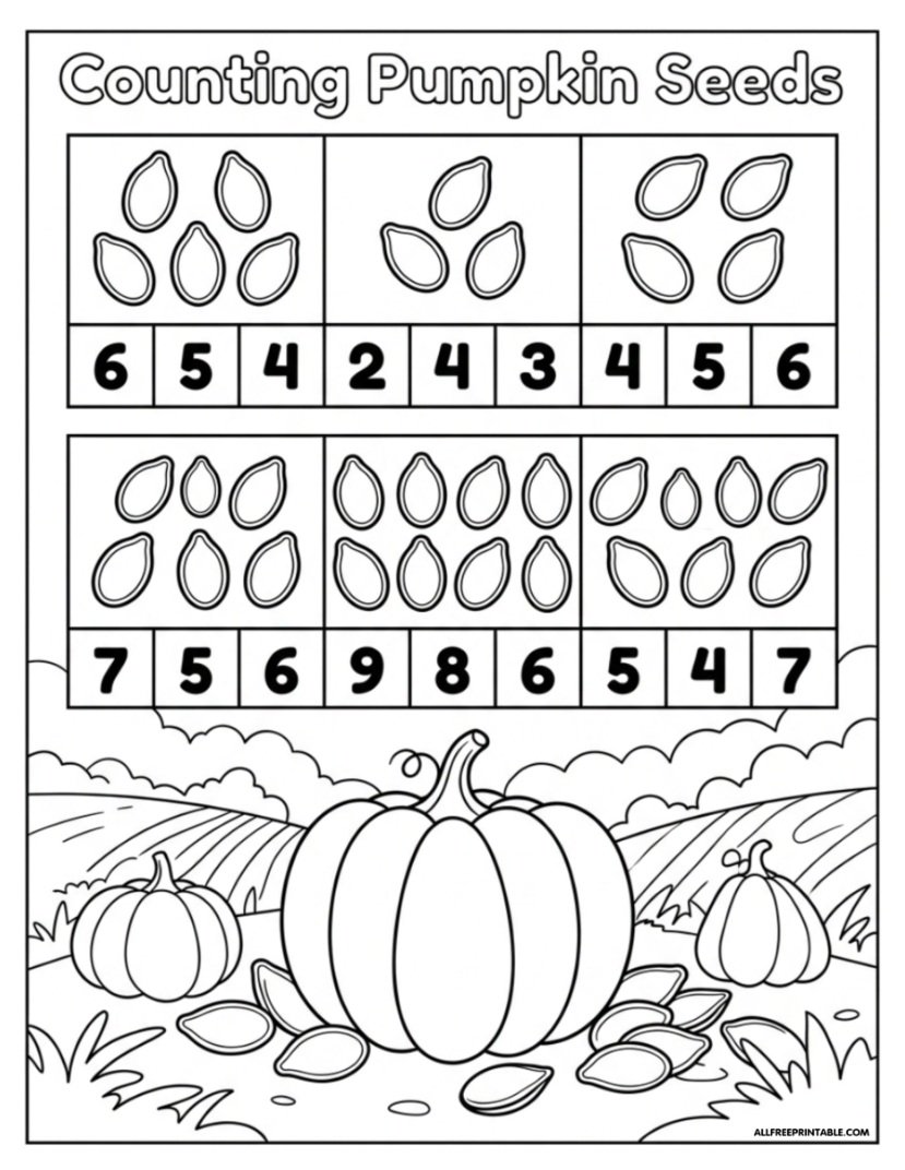 Free Printable Counting Pumpkin Seeds Coloring Worksheet PDF