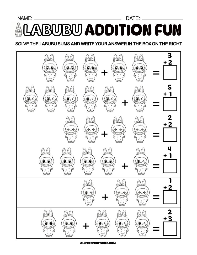 Free Printable Labubu Addition Fun Math Worksheet