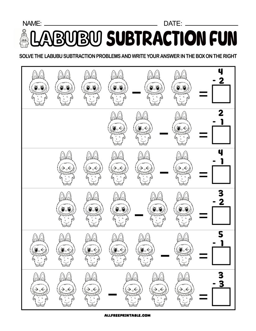 Free Printable Labubu Subtraction Worksheet