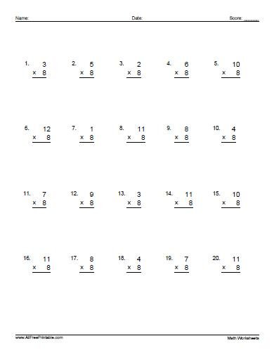 Multiplying by 8 Worksheets