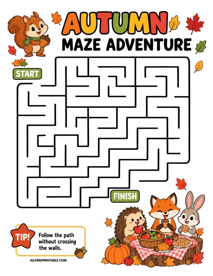 Free Printable Autumn Maze Adventure - Help the Squirrel