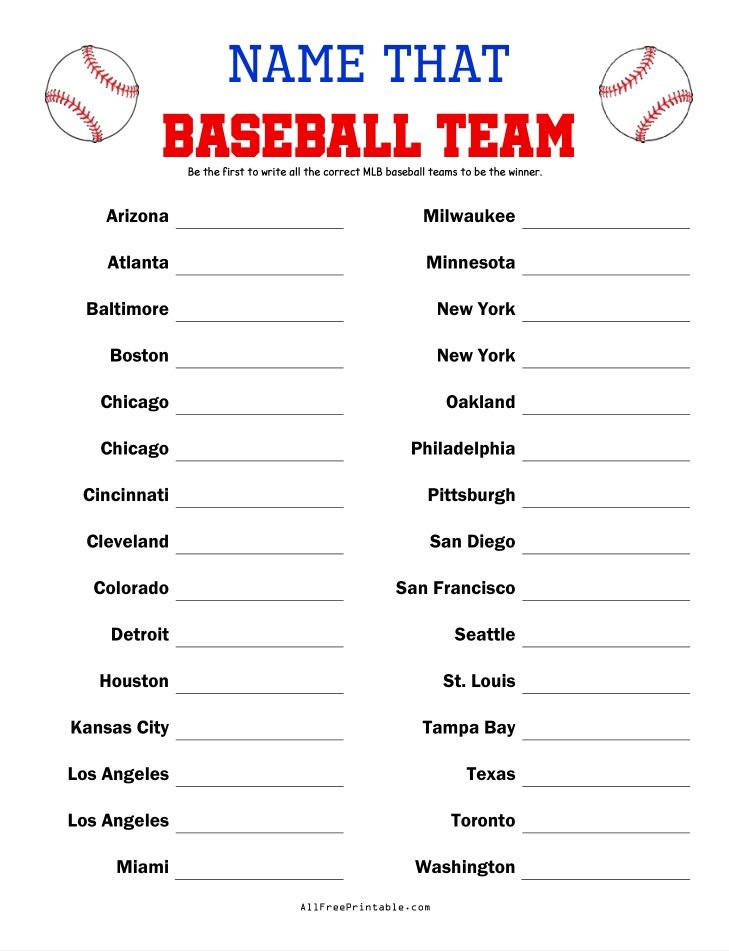 Free Printable Name That MLB Baseball Team Game