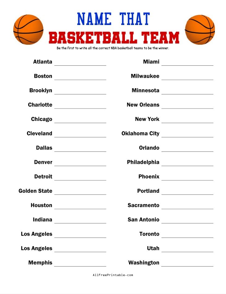 Free Printable Name That NBA Basketball Team Game