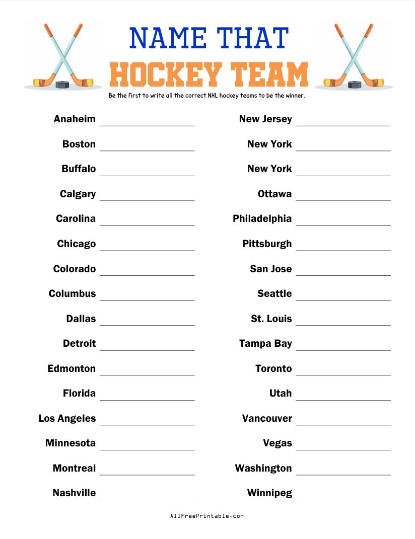 Free Printable Name That NHL Hockey Team Game