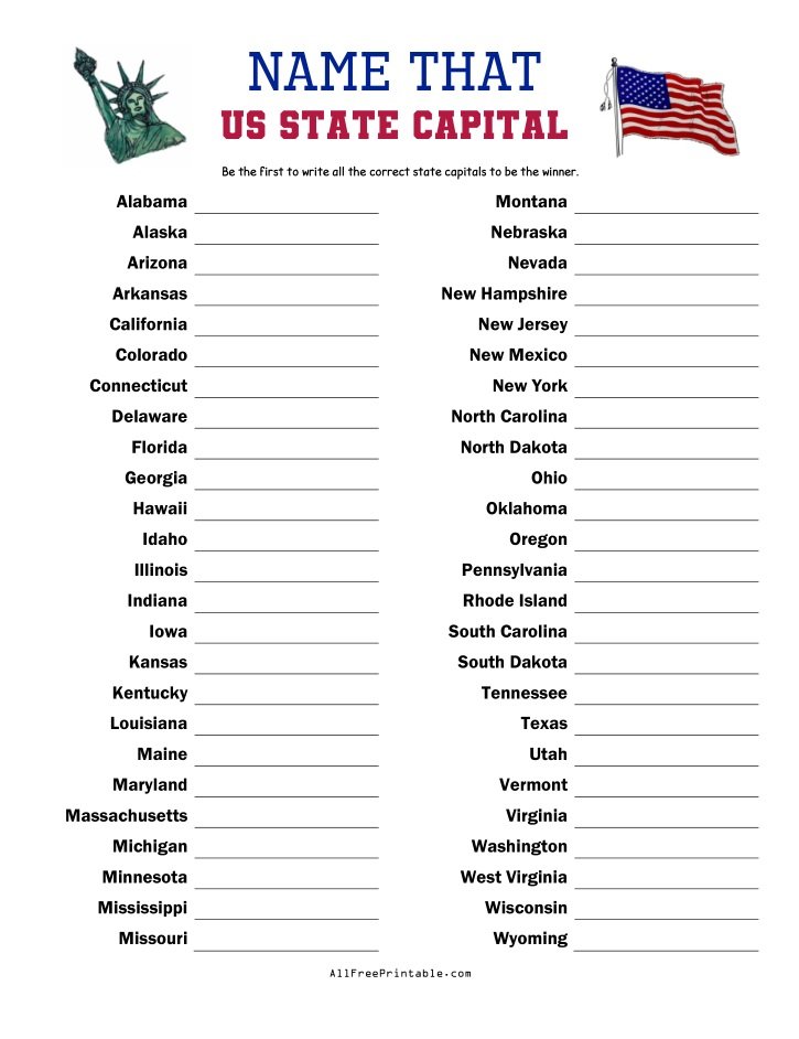 Free Printable Name That US State Capital Game