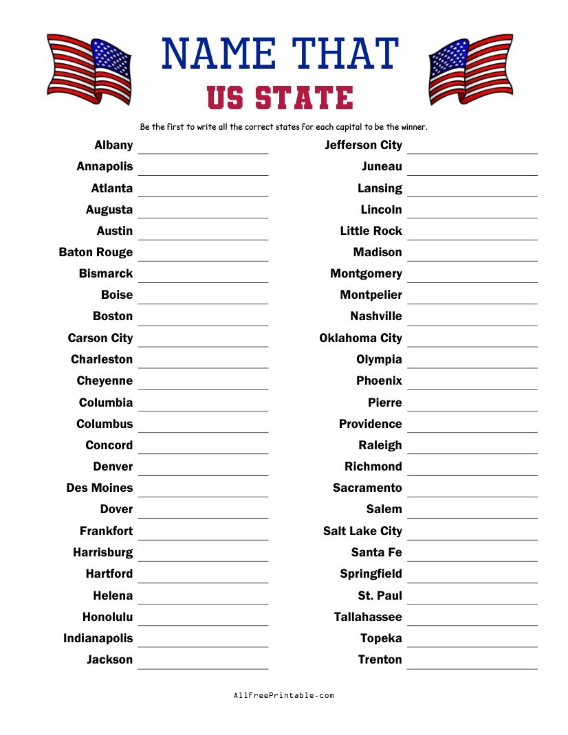 Free Printable Name That US State