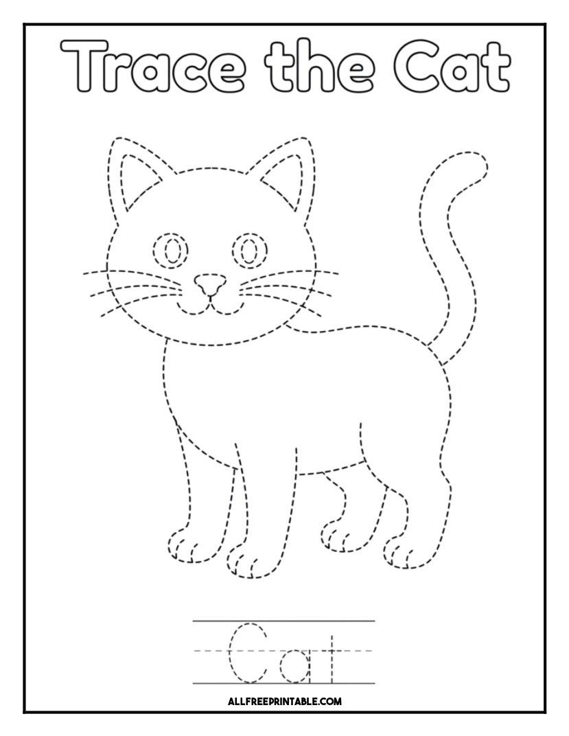 Free Printable Cat Tracing Practice Coloring Page PDF