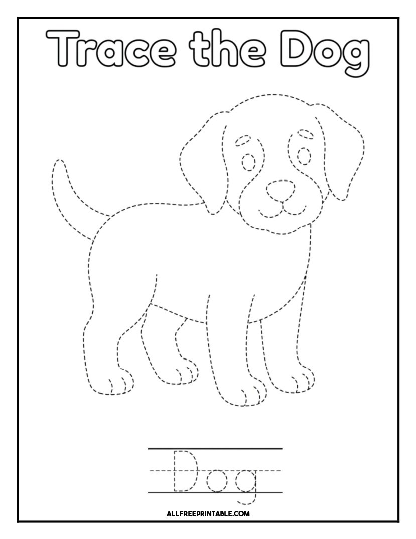 Free Printable Dog Tracing Practice Coloring Page PDF