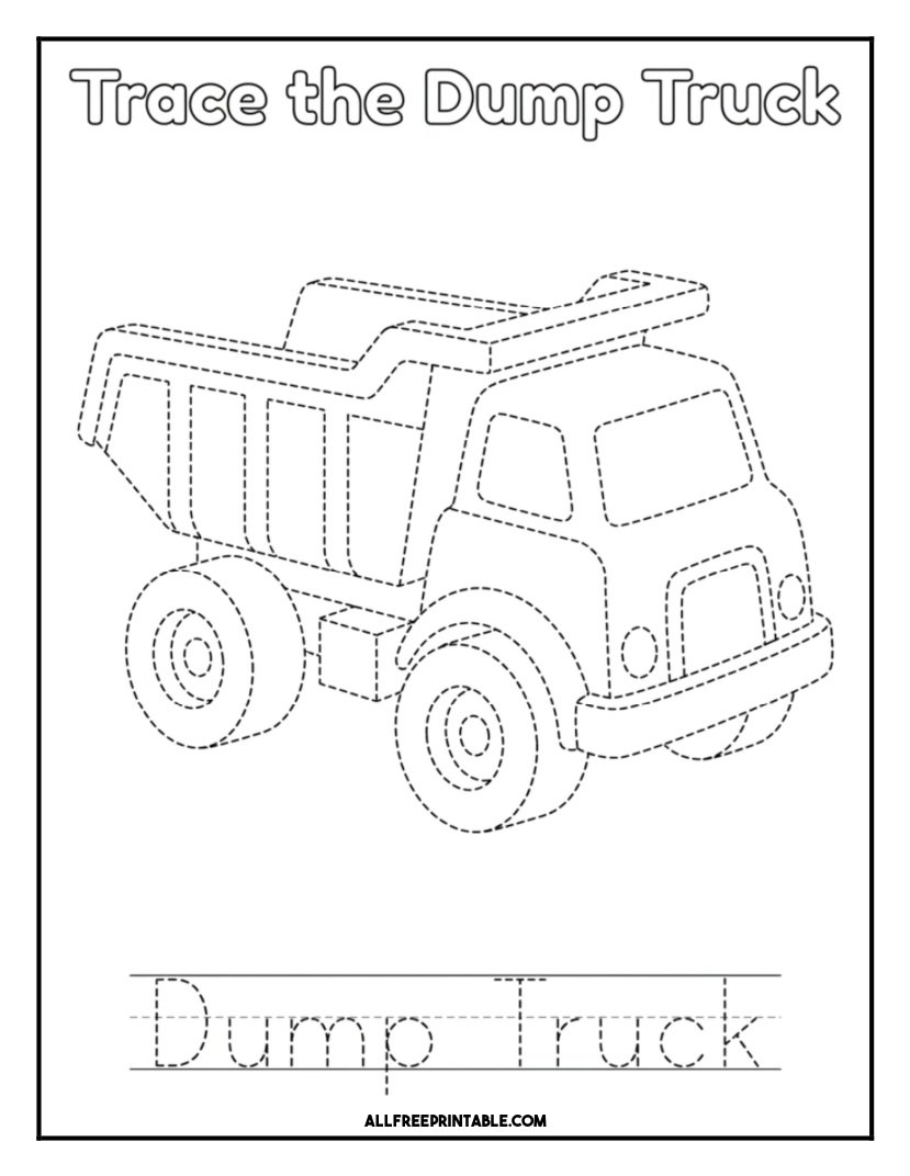 Free Printable Dump Truck Tracing Practice Coloring Page PDF
