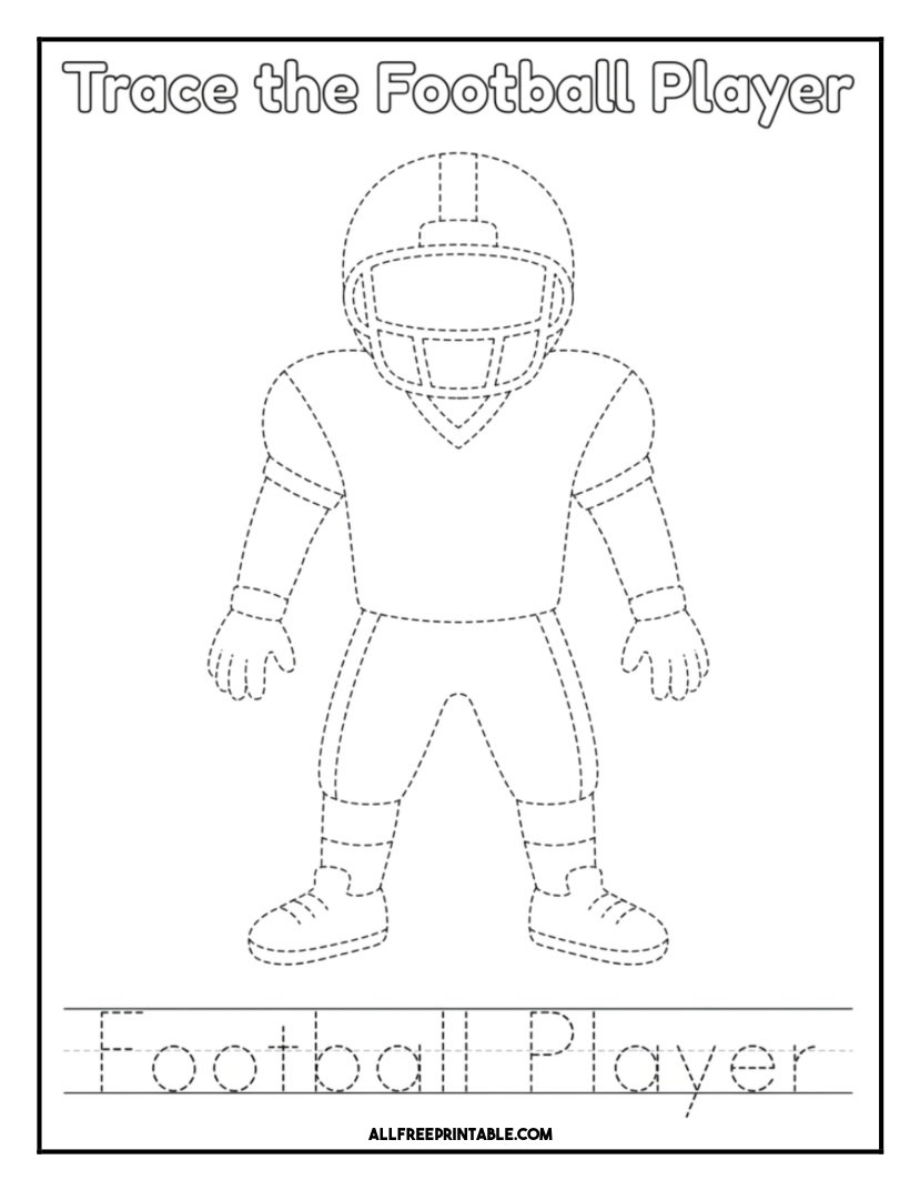 Free Printable Football Player Tracing Practice Coloring Page PDF
