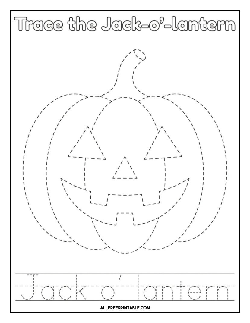 Free Printable Jack-o'-lantern Tracing Practice Coloring Page PDF