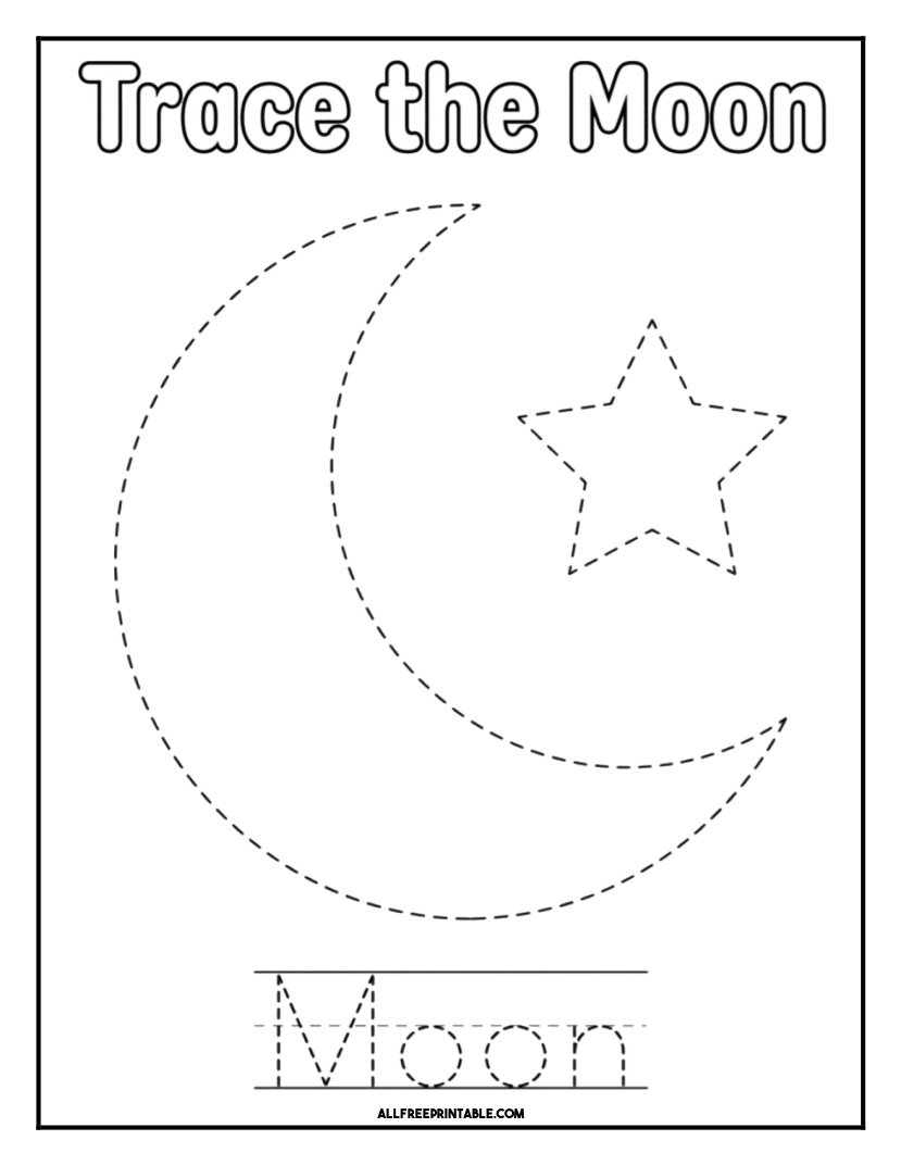 Free Printable Moon Tracing Practice Coloring Page PDF
