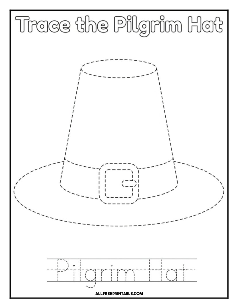 Free Printable Pilgrim Hat Tracing Practice Coloring Page PDF