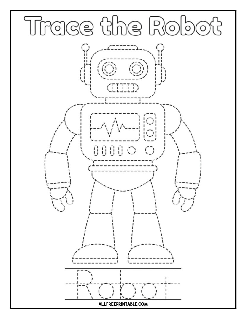 Free Printable Robot Tracing Practice Coloring Page PDF