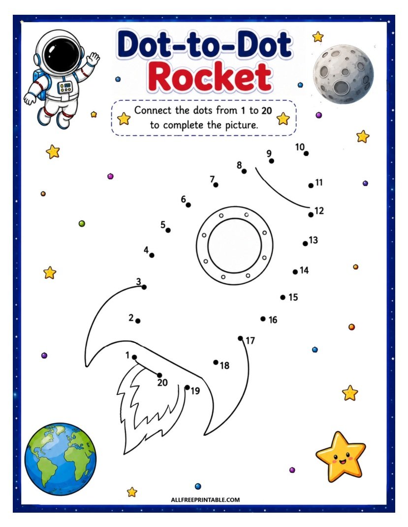 Free Printable Space Rocket Dot to Dot Numbers 1 to 20