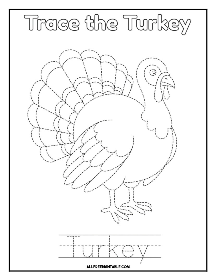 Free Printable Turkey Tracing Practice Coloring Page PDF