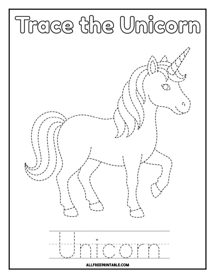 ree Printable Unicorn Tracing Practice Coloring Page PDF