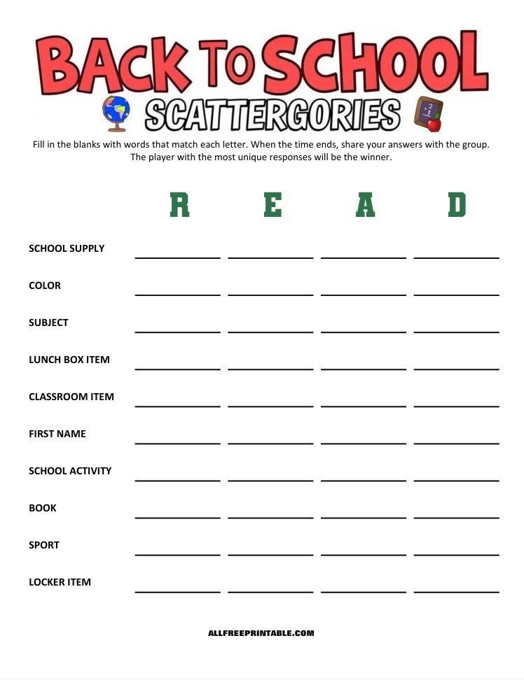 Free Printable Back to School Scattergories