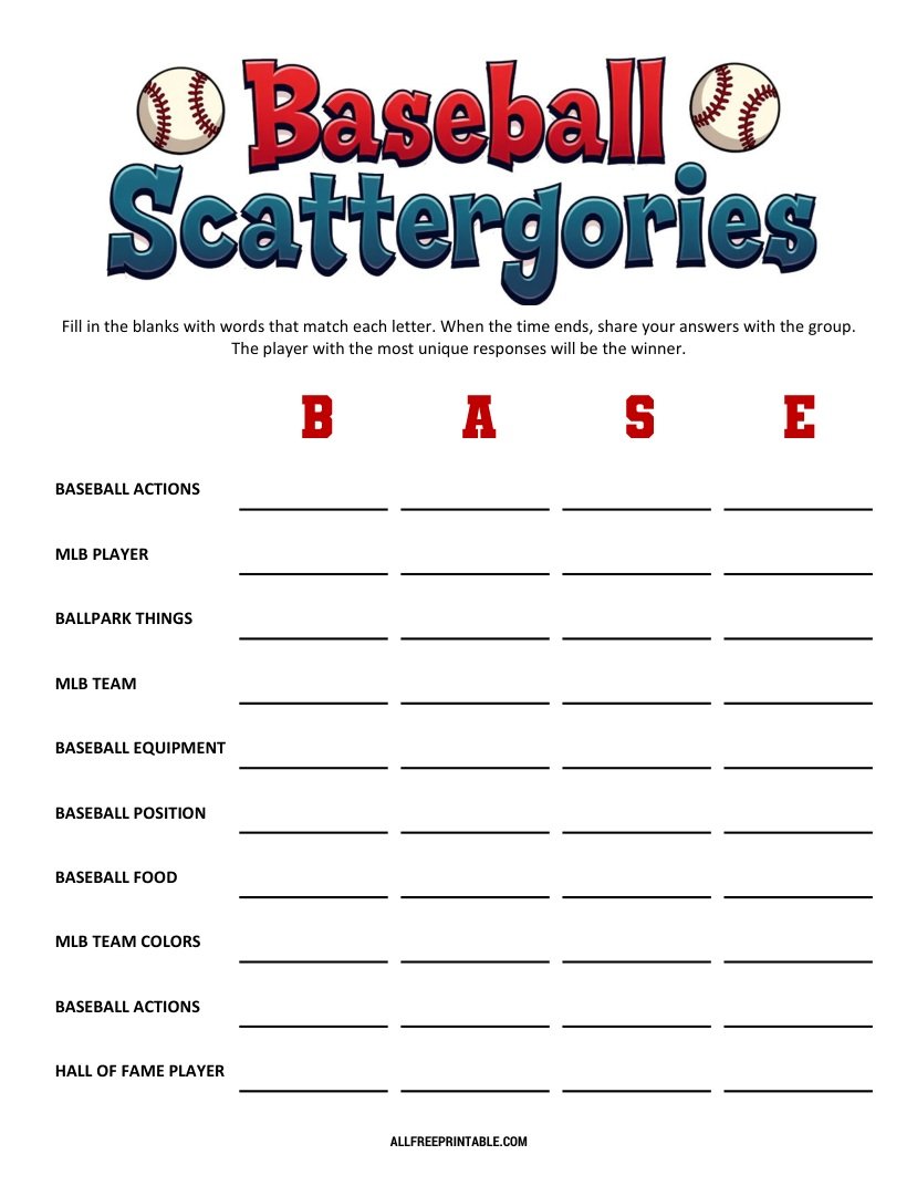 Free Printable Baseball Scattergories PDF