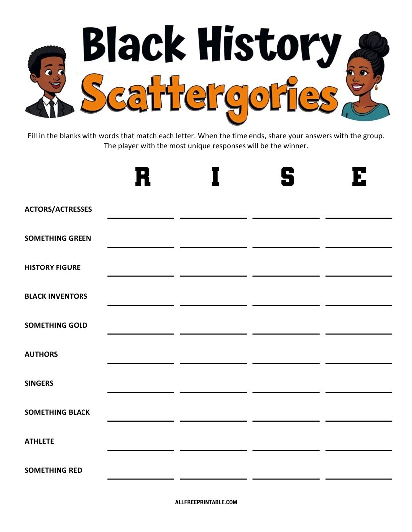 Free Printable Black History Scattergories PDF