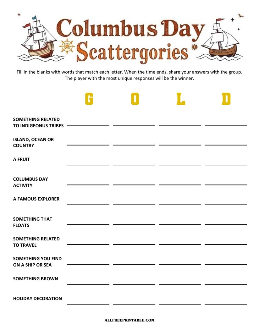 Free Printable Columbus Day Scattergories
