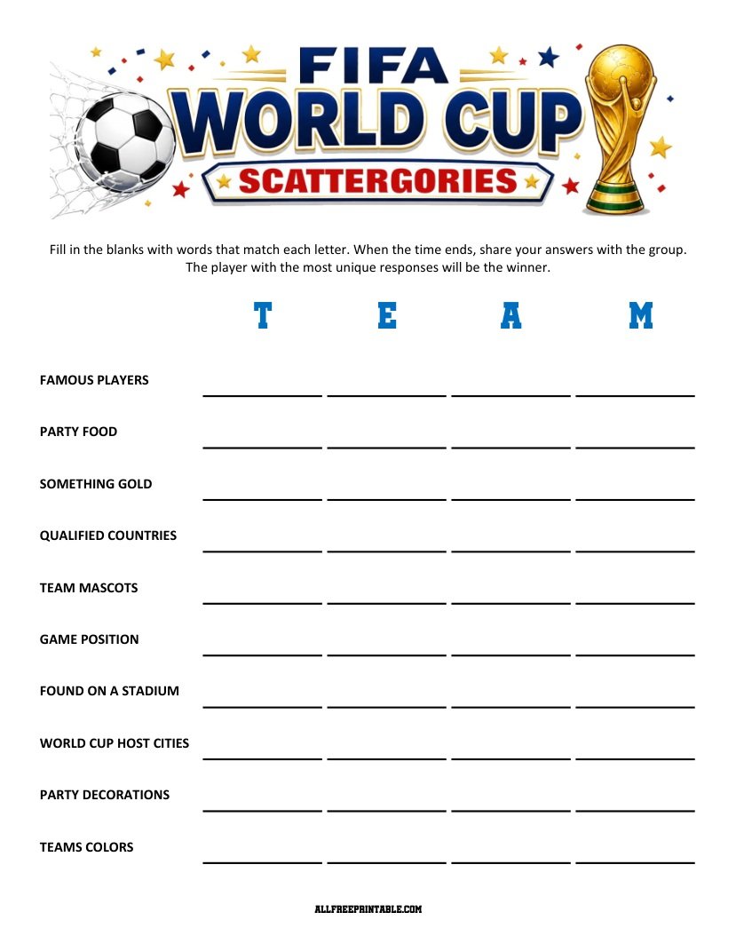 Free Printable FIFA World Cup Scattergories Game PDF