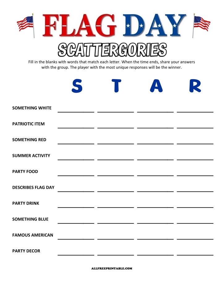 Free Printable Flag Day Scattergories