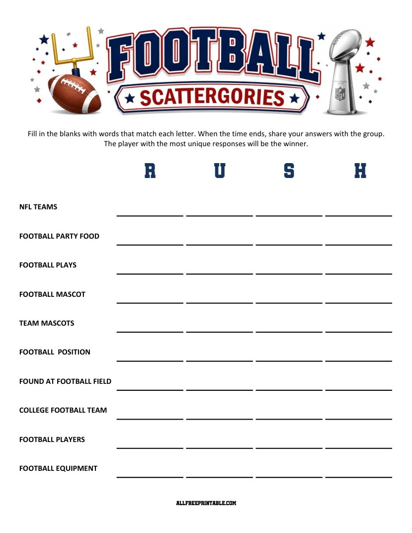 Free Printable Football Scattergories Game PDF