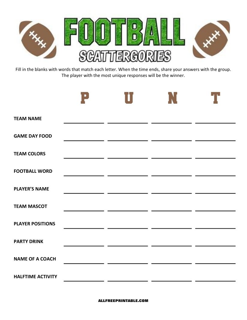 Free Printable Football Scattergories Free Printable Football Scattergories