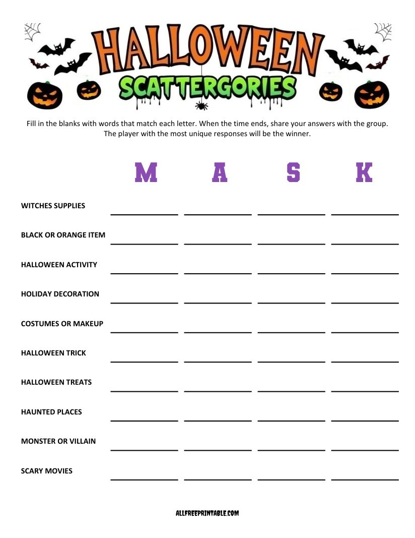 Free Printable Halloween Scattergories