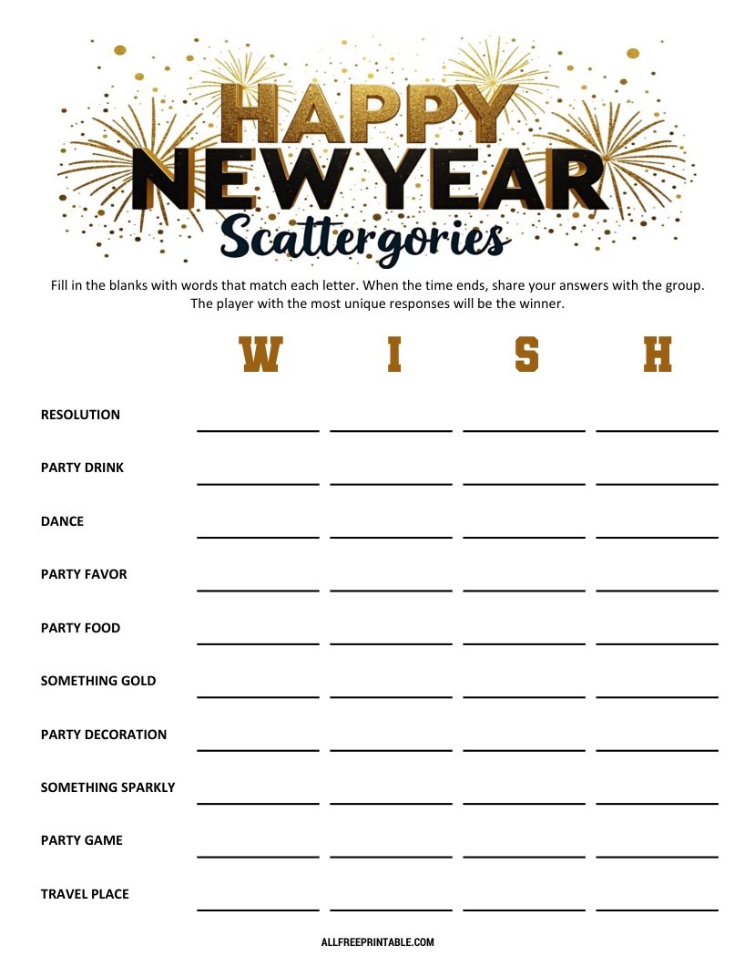 Free Printable Happy New Year Scattergories