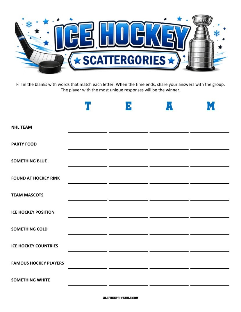 Free Printable Ice Hockey Scattergories Game PDF