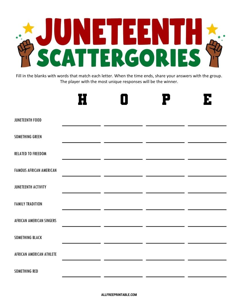 Free Printable Juneteenth Scattergories Game PDF