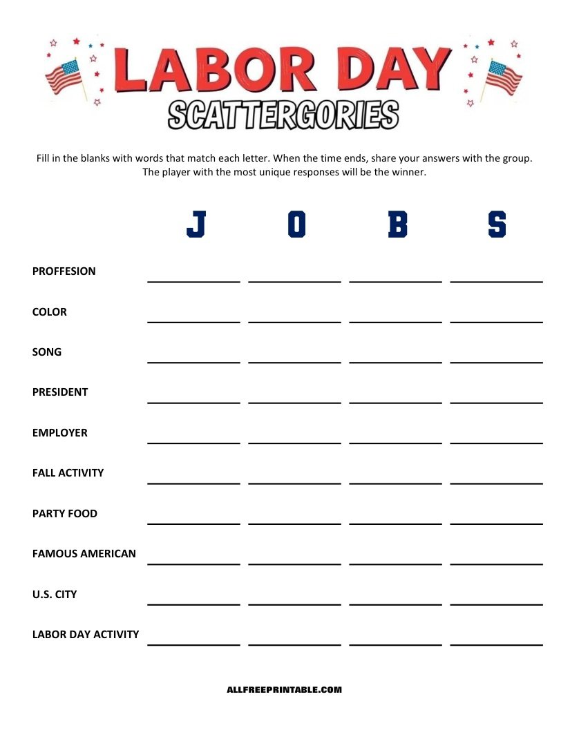 Free Printable Labor Day Scattergories