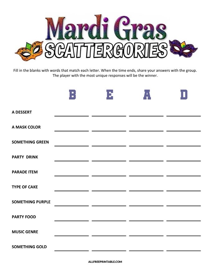 Free Printable Mardi Gras Scattergories