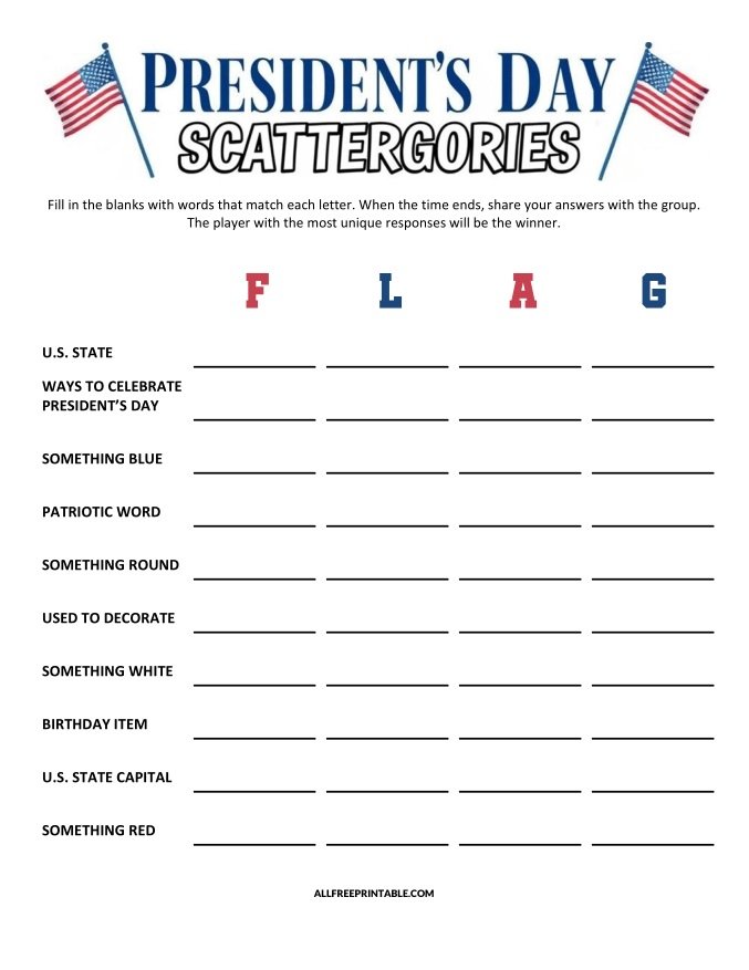 Free Printable President's Day Scattergories