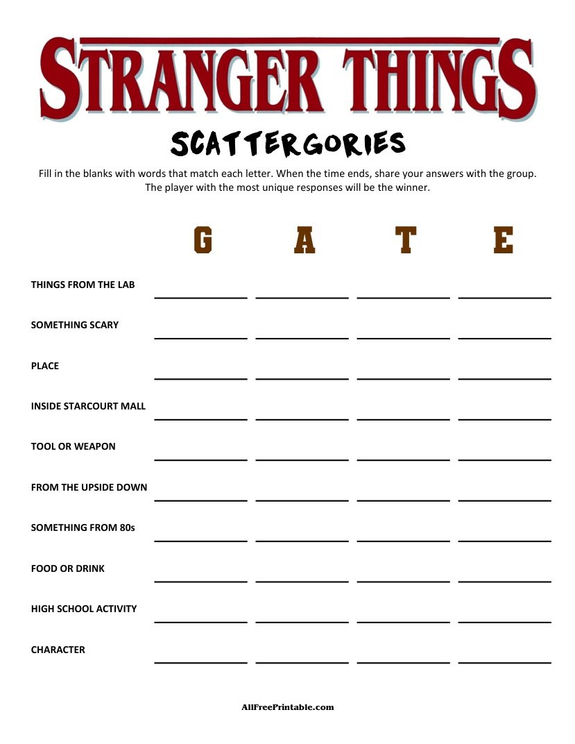 Free Printable Stranger Things Scattergories
