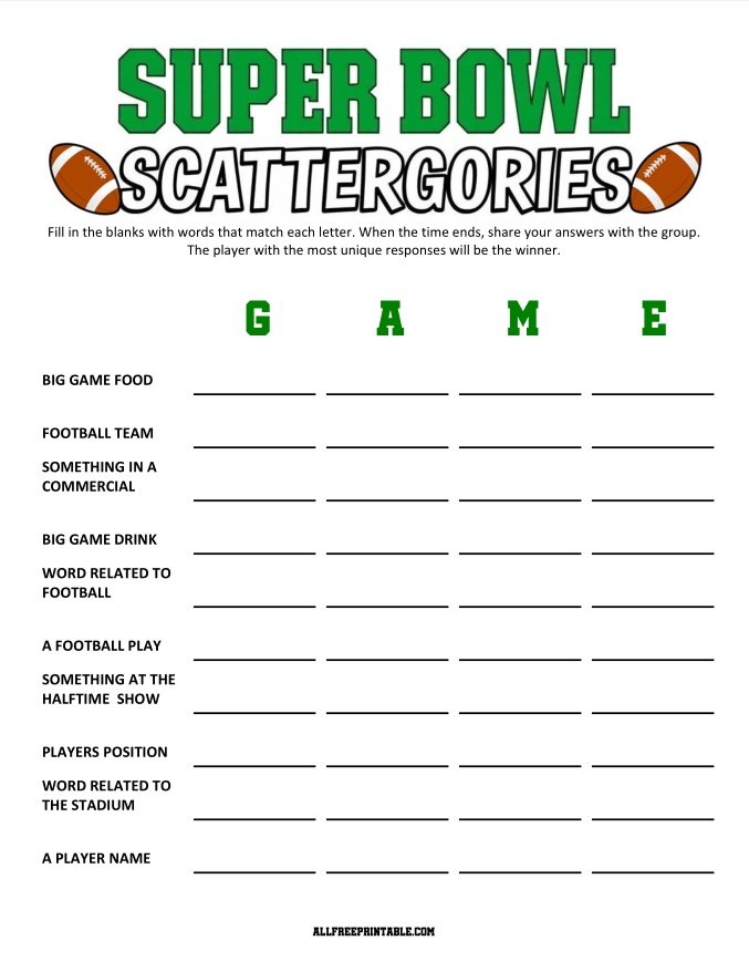 Free Printable Super Bowl Scattergories