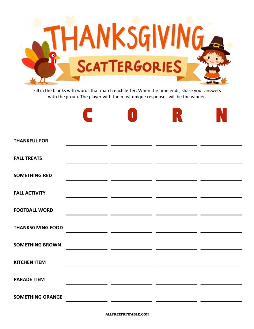 Free Printable Thanksgiving Scattergories