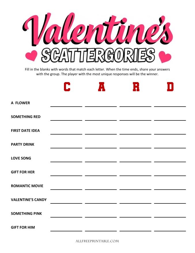 Free Printable Valentine's Day Scattergories