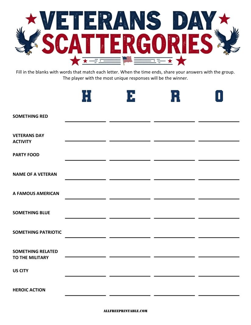 Free Printable Veterans Day Scattergories