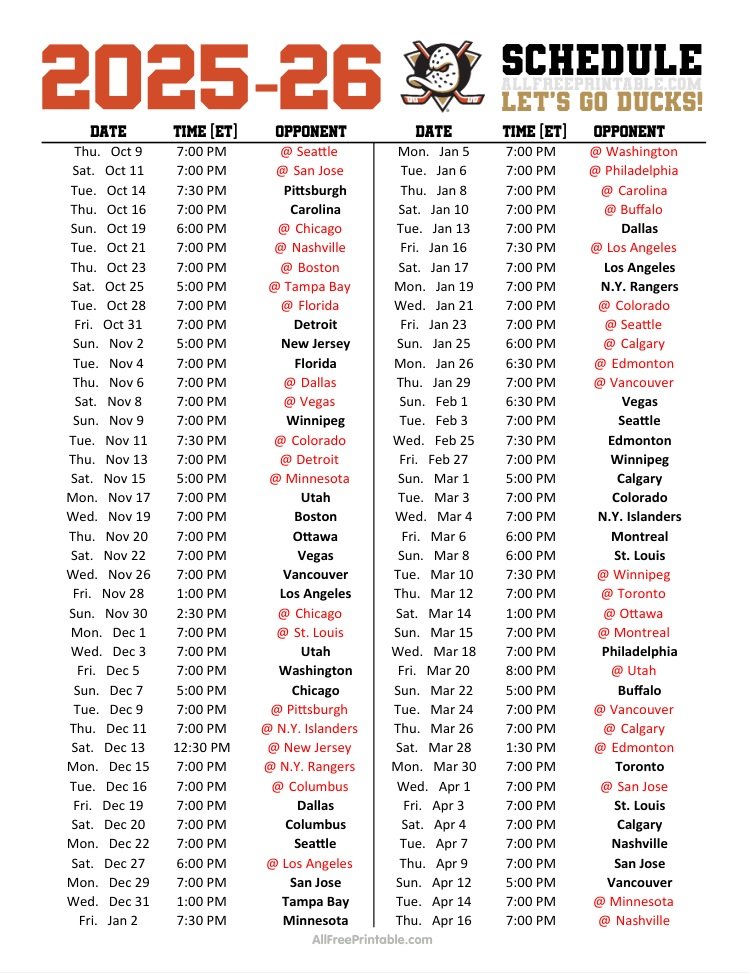 Free Printable 2025-26 Anaheim Ducks Schedule Free Printable 2025-26 Anaheim Ducks Schedule