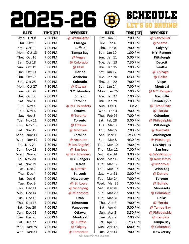Free Printable 2025-26 Boston Bruins Schedule