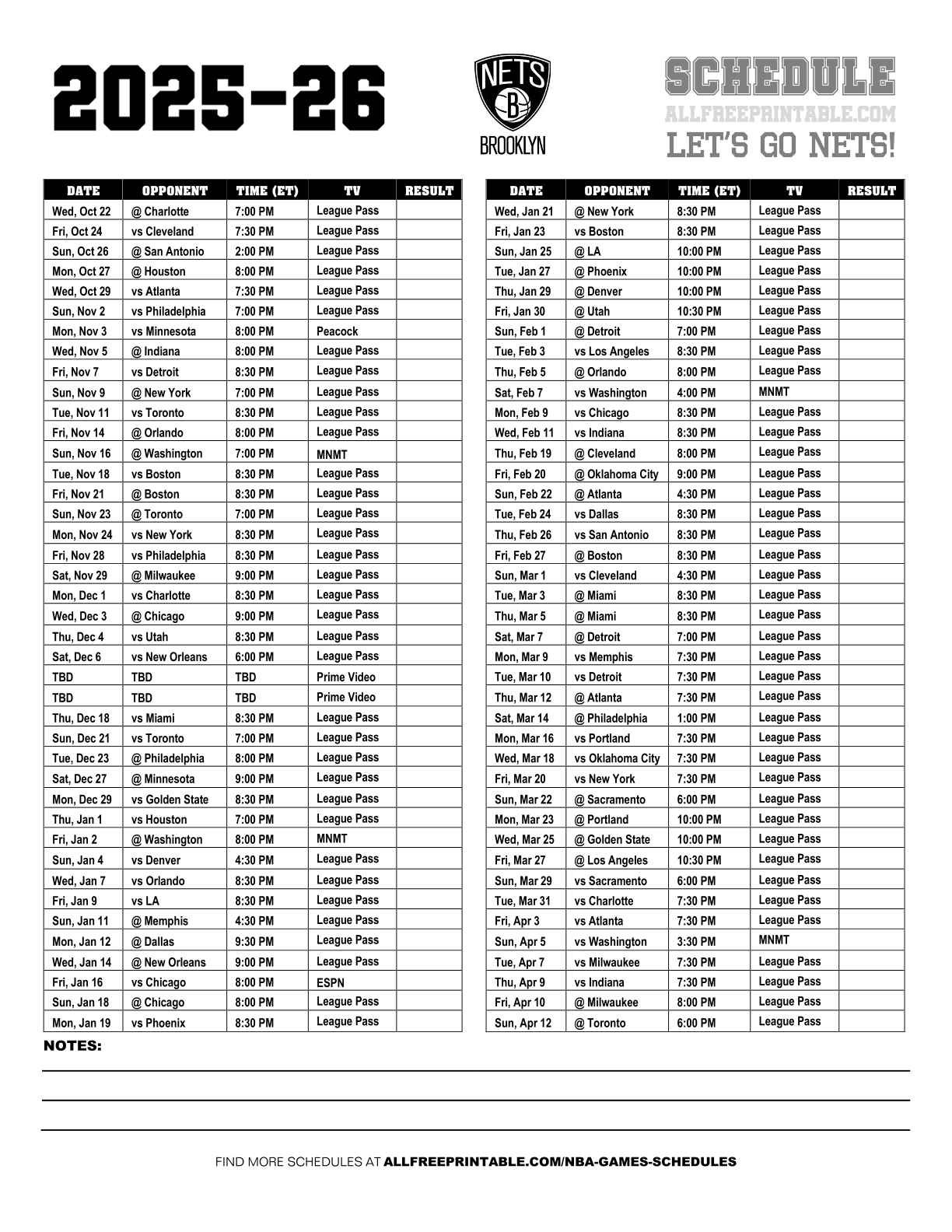 Free Printable 2025-26 Brooklyn Nets Schedule