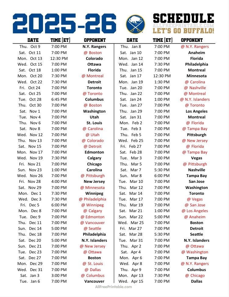 Free Printable 2025-26 Buffalo Sabres Schedule
