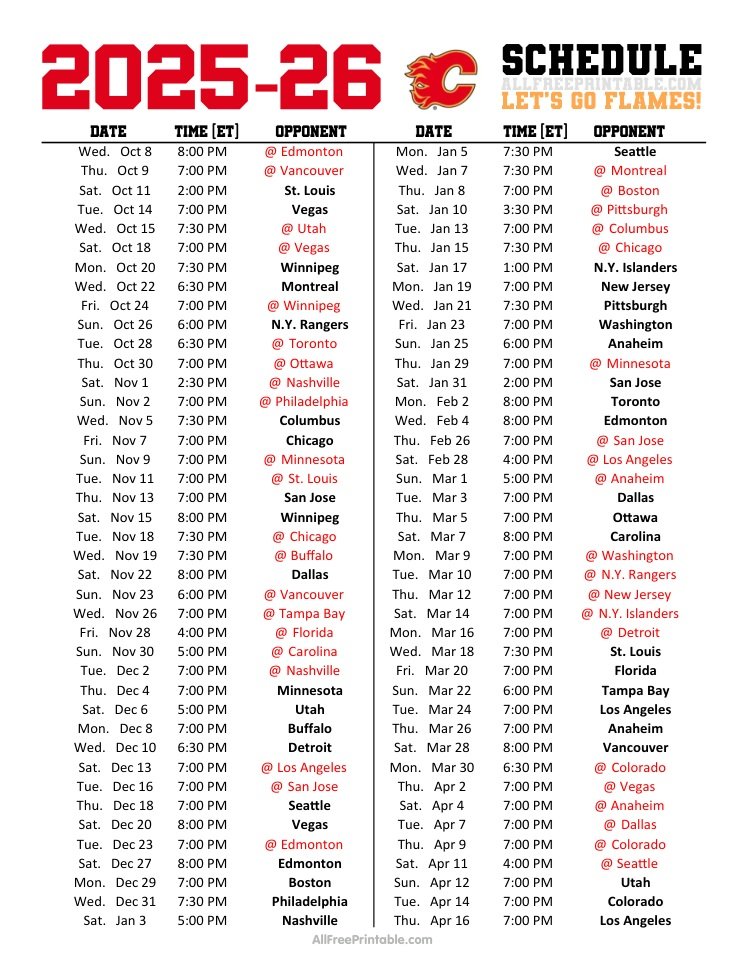 Free Printable 2025-26 Calgary Flames Schedule Free Printable 2025-26 Calgary Flames Schedule